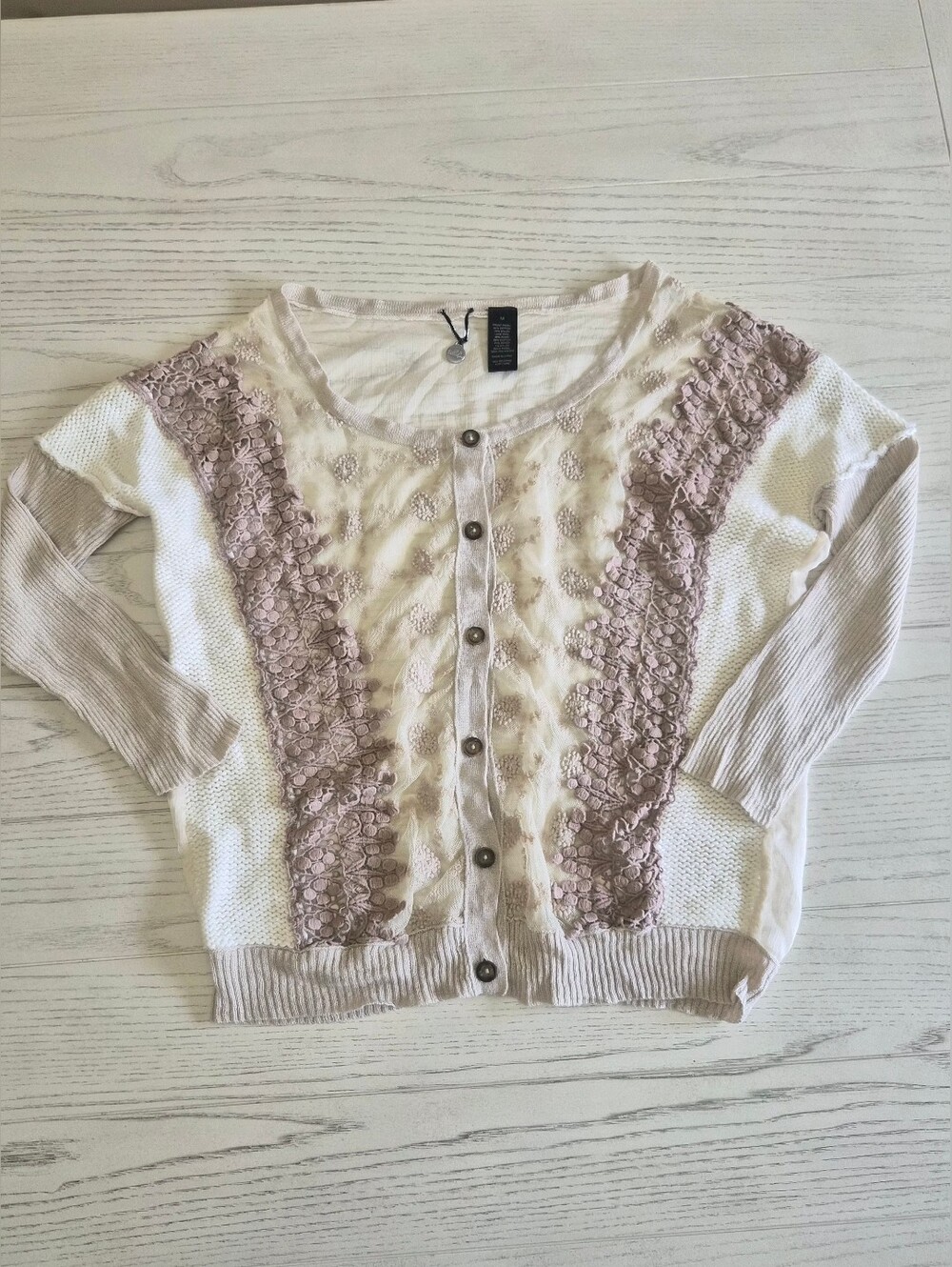 BKE Women’s Cream Crochet Textured Lace Knit Button Up Sweater M